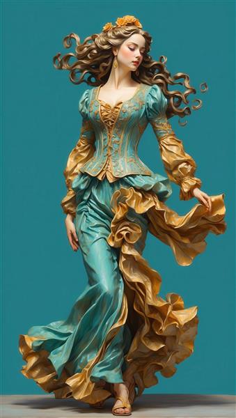 عکس استودیویی زن با کرست گلدوزی‌شده و دامن شلواری آبی و حریر طلایی پرچین برای طراحی‌های لوکس داخلی