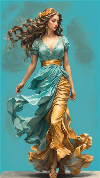 پرتره نقاشی دیجیتال زن با موهای مجعد، پیراهن فیروزه‌ای و طلایی و گل نارنجی برای چاپ عریض و دکور کلاسیک