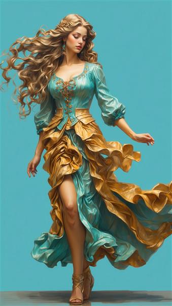 تصویر با کیفیت فوق‌العاده از بانوی جوان با کرست آبی فیروزه‌ای و دامن پر چین طلایی آبی برای چاپ فاخر