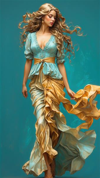 عکس مدلینگ زن با موهای بلند در لباس آبی و طلایی شیک و دراماتیک با پس‌زمینه آبی تیره برای تابلو و تزئین