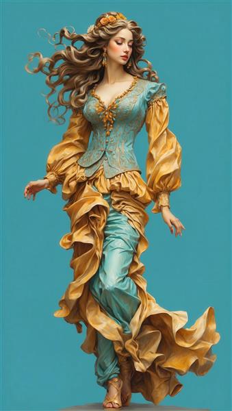 پرتره فشن زن با کرست و آستین‌های پفی طلایی و لباس بلند فیروزه‌ای پرچین با پس‌زمینه آبی برای چاپ دکوراتیو