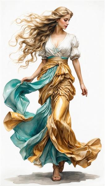 تصویر هنری بانوی مو بلوند با لباس پر چین سفید، فیروزه‌ای و طلایی در پس‌زمینه روشن برای چاپ بوم گالری