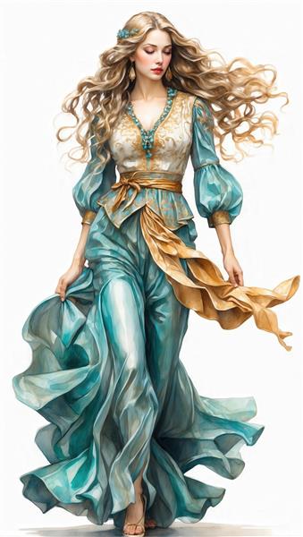 پرتره اورجینال زن با لباس آبی و سفید گشاد و دامن پرچین با رنگ‌های درخشان برای دکوراسیون لوکس و پوستر