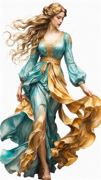 عکس باکیفیت بانوی زیبا با لباس بلند فیروزه‌ای و طلایی در حال رقص با موهای موج‌دار برای چاپ عریض و تابلو