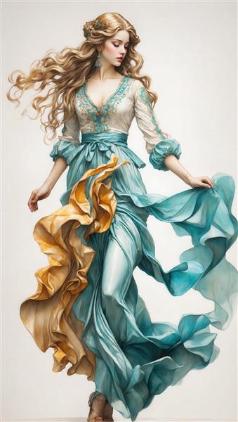 پرتره باکیفیت بانوی جوان با لباس رمانتیک آبی و زرد در حال چرخش برای ساخت تابلو و چاپ دکوراتیو فاخر