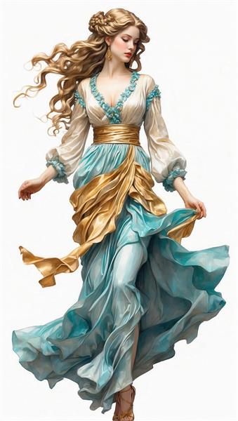 عکس مدلینگ خیره‌کننده زن با موهای مجعد، پیراهن سفید و آبی ابریشمی و شال طلایی برای چاپ عریض دکور