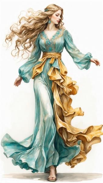 تصویر اورجینال زن با لباس حریر فیروزه‌ای و آستین پفی و کمربند طلایی برای چاپ روی بوم و محصولات تزئینی