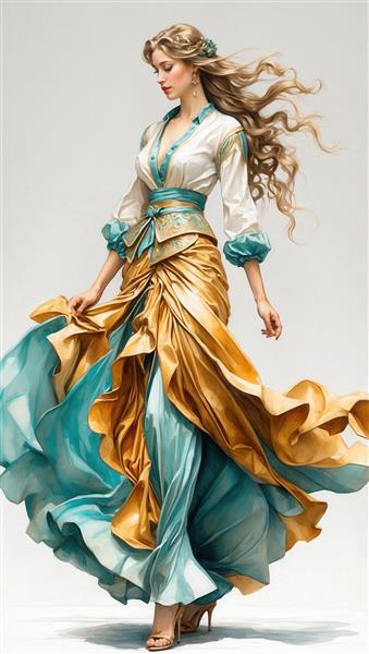 پرتره با جزئیات بالا از بانوی جذاب با پیراهن سفید، کمربند طلایی و دامن پرچین آبی و زرد برای طراحی پوستر