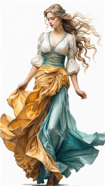 عکس مدلینگ استودیویی زن با کرست آبی و لباس سنتی سفید و دامن زرد آبی برای دکوراسیون لوکس و تابلو