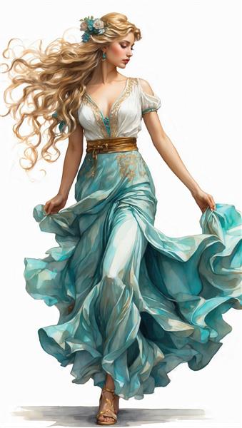 پرتره نقاشی دیجیتال از بانوی زیبا با لباس آبی روشن و سفید در حال رقص با موهای بلند برای چاپ هنری و گالری