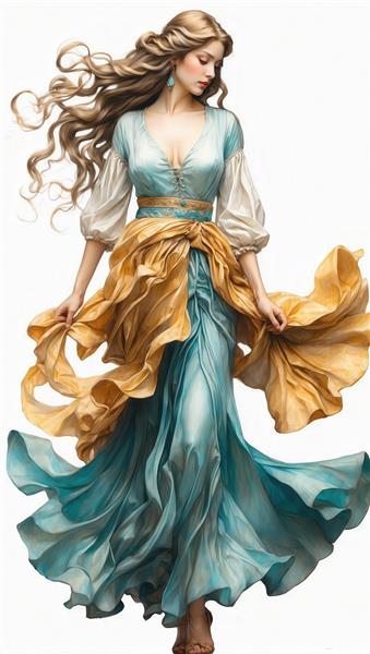 تصویر رویایی زن با لباس آبی فیروزه‌ای و پارچه‌های طلایی و زرد روان برای چاپ عریض و محصولات دکوراتیو شیک