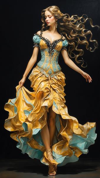 پرتره فوق‌حرفه‌ای بانوی اشرافی با کرست فیروزه‌ای و دامن زرد طلایی پر چین برای چاپ بوم و دکوراسیون کلاسیک