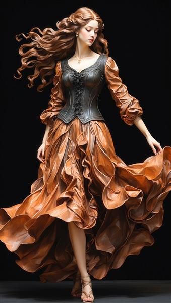 عکس اورجینال زن با لباس پرچین قهوه‌ای و کرست تیره در پس‌زمینه مشکی برای پوستر و طراحی داخلی لاکچری