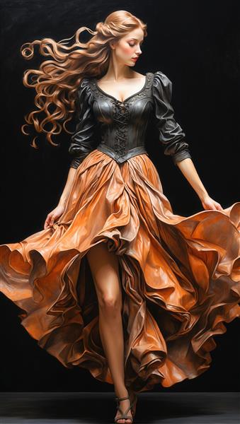 پرتره با کیفیت فوق‌العاده از بانوی جوان با لباس چرمی مشکی و دامن نارنجی پرچین برای چاپ دکوراتیو و تابلو