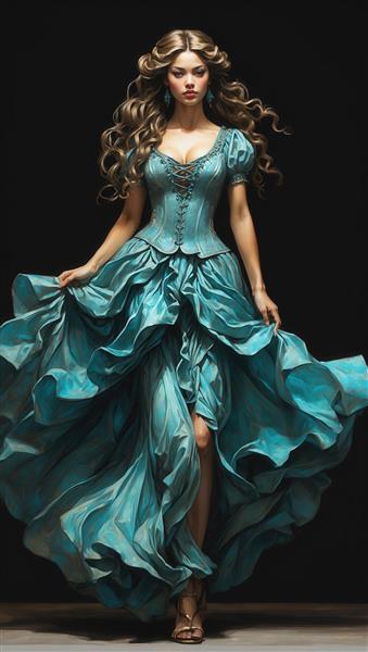 مدلینگ زن با لباس فیروزه‌ای کرستی و دامن بسیار پرچین در استودیوی تیره