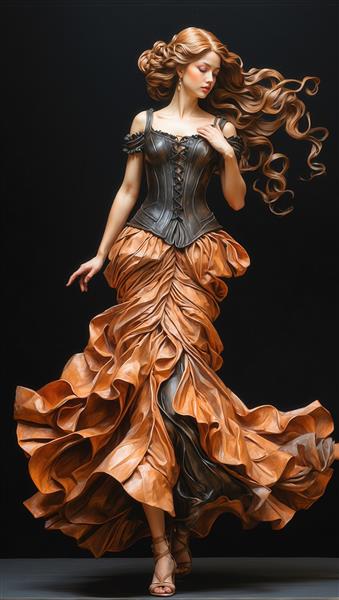 زن با دامن قهوه‌ای نارنجی پرچین و کرست چرمی مشکی و قهوه‌ای