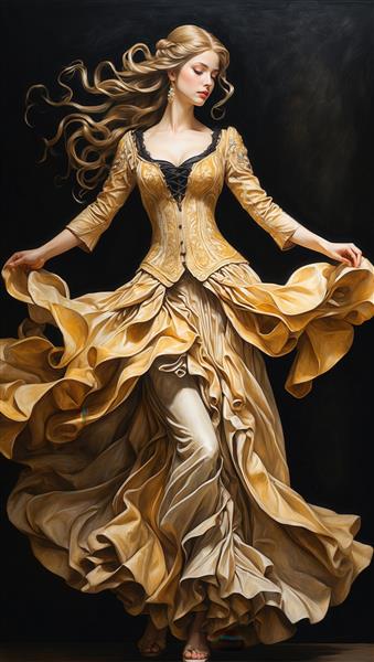 پرتره فاخر زن در کت کرستی طلایی با گلدوزی و دامن مجلل پرچین