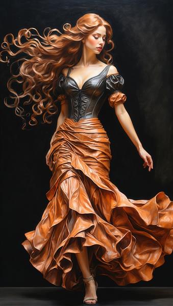 تصویر دراماتیک زن با لباس چرمی مشکی و دامن نارنجی برنزی با موهای مواج بلند