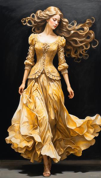 زن در لباس رمانتیک طلایی با کت کرستی و دامن پرچین در حالتی رقص‌گونه