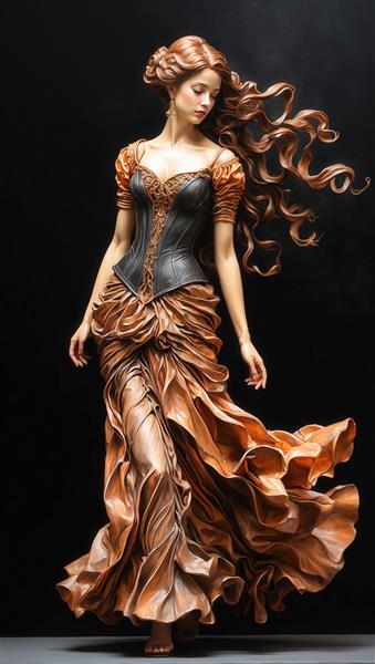 پرتره با شکوه زن با کرست چرمی و دامن برنزی پر چین و موهای متحرک
