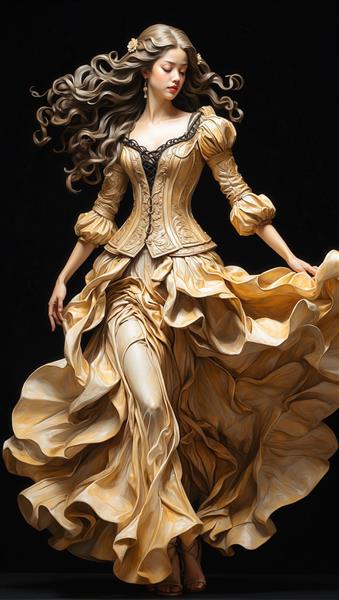 زن در لباس سلطنتی طلایی با کرست بژ و دامن پرچین و آستین‌های پف‌دار