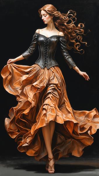 تصویر رقصنده فلامنکو در لباس چرمی مشکی و دامن نارنجی سوخته پرچین