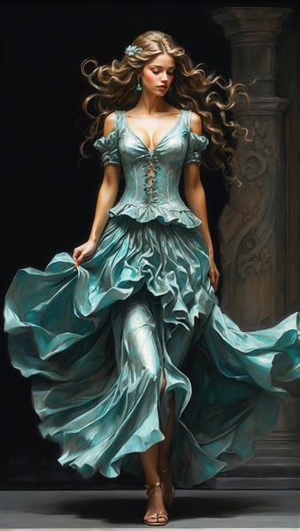 پرتره زن با کرست فیروزه‌ای و دامن پرچین با ستون‌های کلاسیک در پس‌زمینه