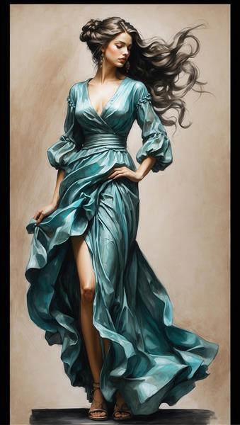 زن با پیراهن حریر آبی فیروزه‌ای رمانتیک و دامن چین‌دار در حال رقص