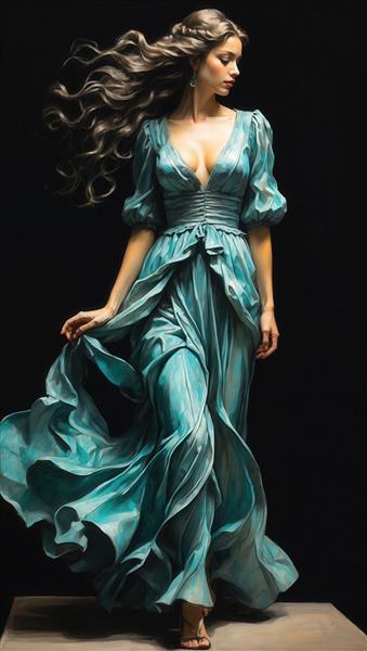 زن با پیراهن حریر آبی با یقه باز و آستین‌های پفکی در نورپردازی کلاسیک