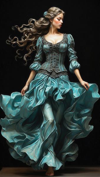 پرتره زنانه در لباس آبی دریایی با کرست و دامن حجیم و حرکت پارچه