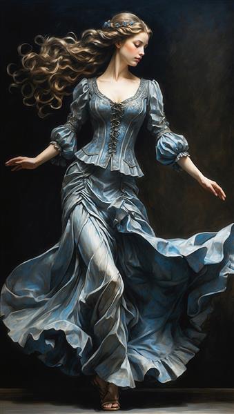 تصویر دراماتیک زن با لباس آبی کبالت و دامن چین‌دار در حالتی رقص‌گونه