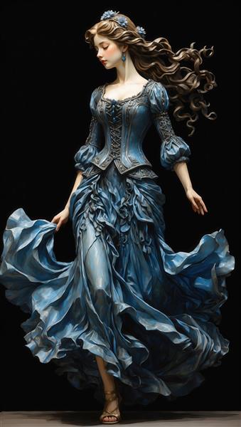 لباس فاخر آبی درباری: زن در حال رقص با کرست و دامن پرچین تیره
