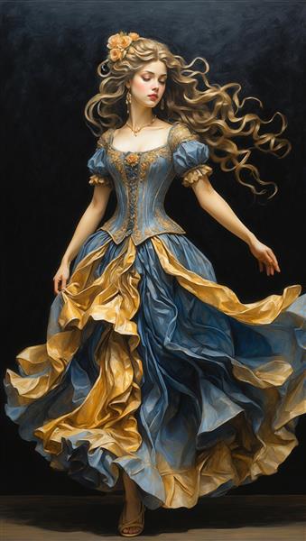 زن با لباس باروک آبی و روبان‌های طلایی در پس‌زمینه دراماتیک