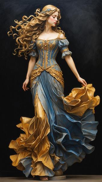 مدلینگ کلاسیک در لباس آبی و طلایی با جزئیات گلدوزی و دامن مجلل