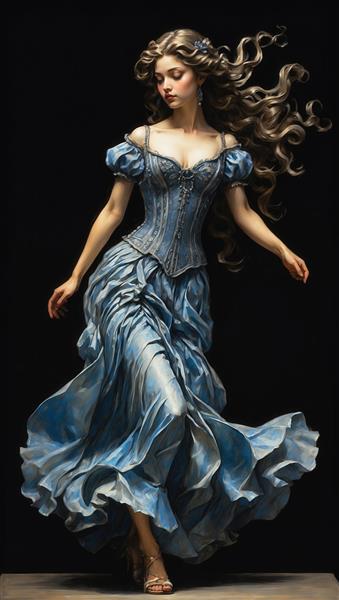 زیبایی قرون وسطایی در لباس کرستی آبی روشن با دامن و آستین‌های پفکی