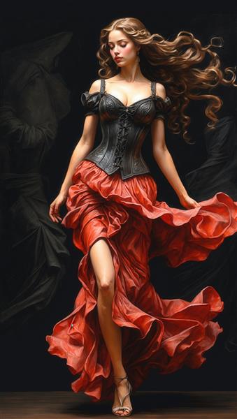 تصویر رمانتیک زن با کرست چرمی مشکی و دامن قرمز در حال رقص