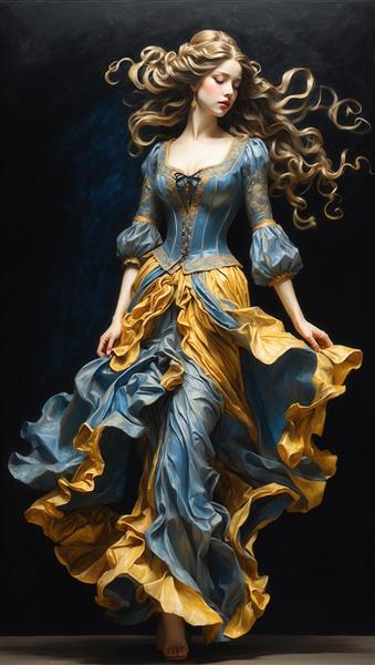 پرتره لوکس زن در لباس آبی سلطنتی و طلایی با دامن‌های پرچین و مواج