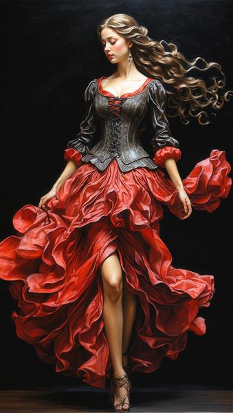 رقصنده فلامنکو: زن با کرست تیره و دامن بسیار پرچین قرمز در یک پرفورمنس دراماتیک
