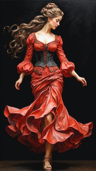 زیبایی اسپانیایی: زن با لباس قرمز پرچین و کرست تیره در حالتی دراماتیک