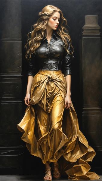 پرتره زن با بلوز چرمی مشکی و دامن طلایی چین‌دار گره‌خورده با استایل مدرن کلاسیک