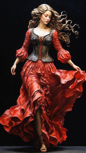 زن با دامن پرچین قرمز تیره و کرست چرمی مشکی در استایل فلامنکو