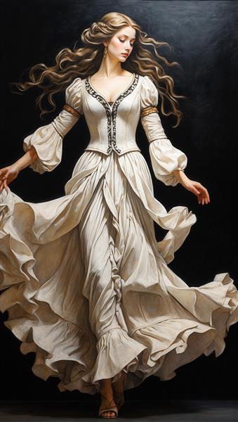 پرتره تمام قد زن با لباس رقص سفید و گلدوزی‌های مشکی روی سینه و یقه