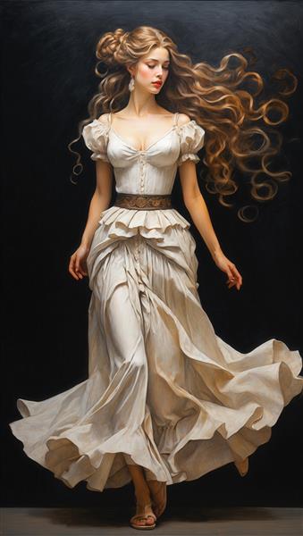 زن با لباس سفید تابستانی و دامن پرچین رومی با کمربند پهن طلایی