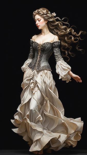 پرتره دراماتیک زن با کرست خاکستری و دامن سفید در سبک رمانتیک کلاسیک