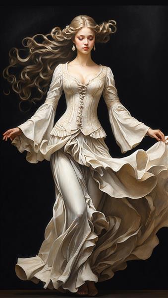 زیبایی باروک: زن بلوند در لباس سفید شیری با کرست و دامن پرچین