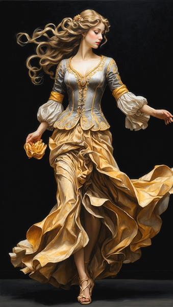پرتره کلاسیک زن با پیراهن سلطنتی طلایی نقره‌ای و آستین‌های پفکی رقصان