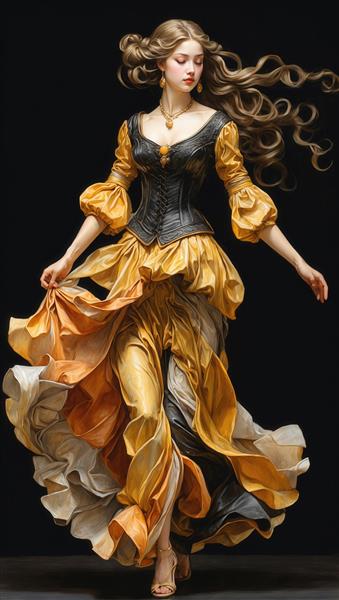 تصویر رنسانسی زن در لباس فاخر زرد و مشکی با دامن لایه‌لایه متحرک