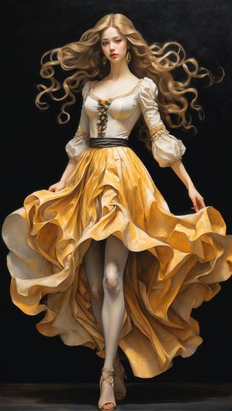 زن با لباس دراماتیک طلایی و مشکی به سبک رنسانس با آستین‌های پف‌دار بلند