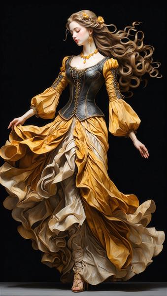 زیبایی در لباس باروک: زن با کرست مشکی، دامن پف‌دار و موهای مواج بلوند (استایل قرون وسطایی)
