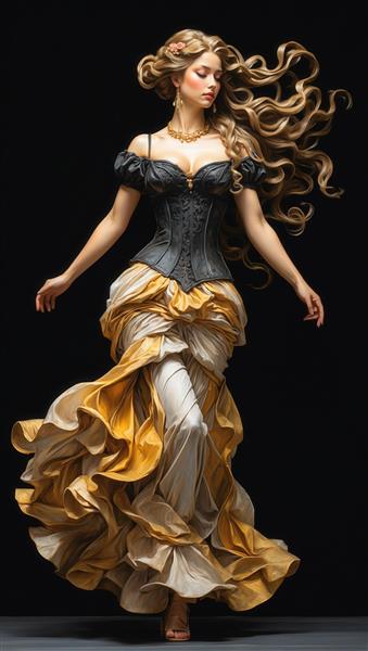 پرتره فشن زنانه با دامن بسیار پف‌دار و پیراهن کرستی مشکی و طلایی